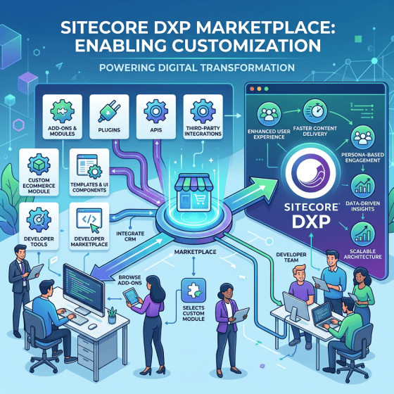 Infographic titled “Sitecore DXP Marketplace: Enabling Customization,” showing modules, plugins, APIs, integrations, marketplace workflows, and DXP outcomes.